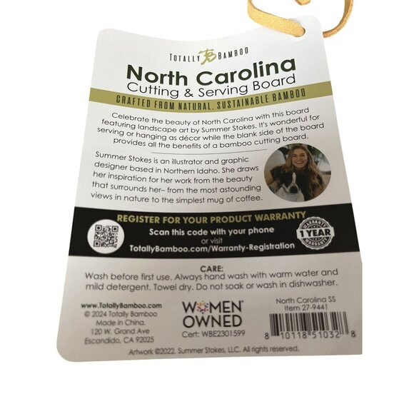 Summer Stokes North Carolina State Shaped Bamboo Cutting Board New With Tags - Picture 3 of 4